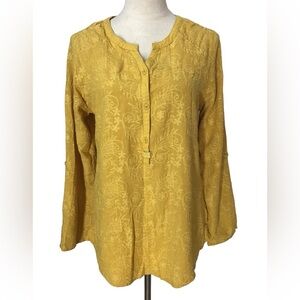 Go Fish Mustard Yellow Cotton Linen Embroidered Long Sleeve Tunic Boho M…